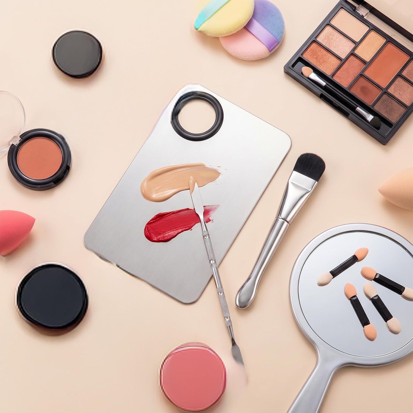 Tyqour 3 Pcs Makeup Mixing Palette Stainless Steel Makeup Palette Tray with Spatula Brush and Makeup Spatula, Foundation Palette for Women, Korean Makeup, Nail Art