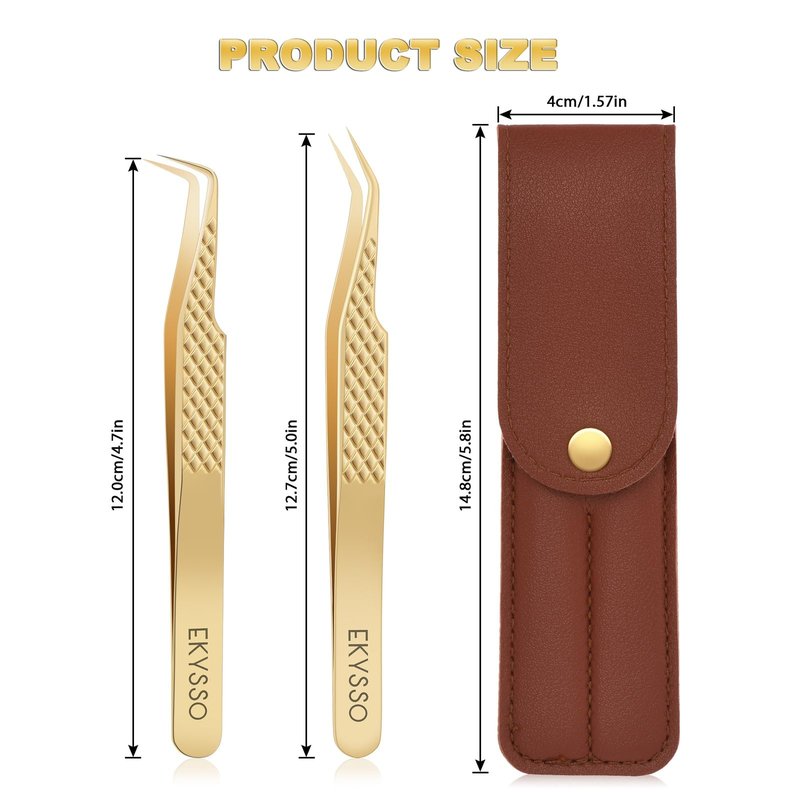 EKYSSO Lash Tweezers Set, Pack of 2 Eyelash Extension Tweezers, High Precision Tweezers for Classic, Volume & Mega Volume Lashes, Lash Extension Supplies, Lash Artist Must-Have Tools (Gold, 2 Pack)