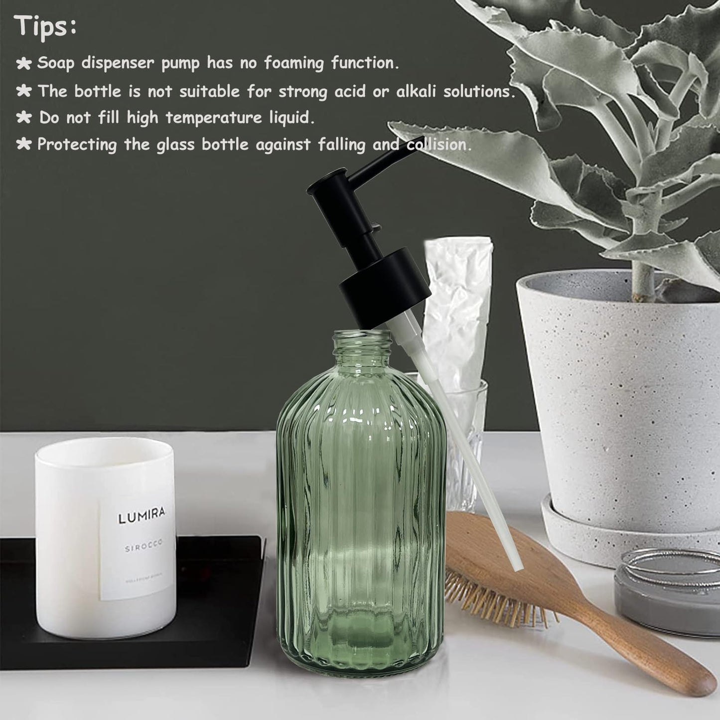 Green Glass Soap Dispenser Set with Black Pump, 13.5oz Refillable Liquid Hand Soap Dispenser, Lotion Dish Soap Dispenser for Modern Home Decor, Bathroom, Kitchen Countertop, Hotel(2 Pack)