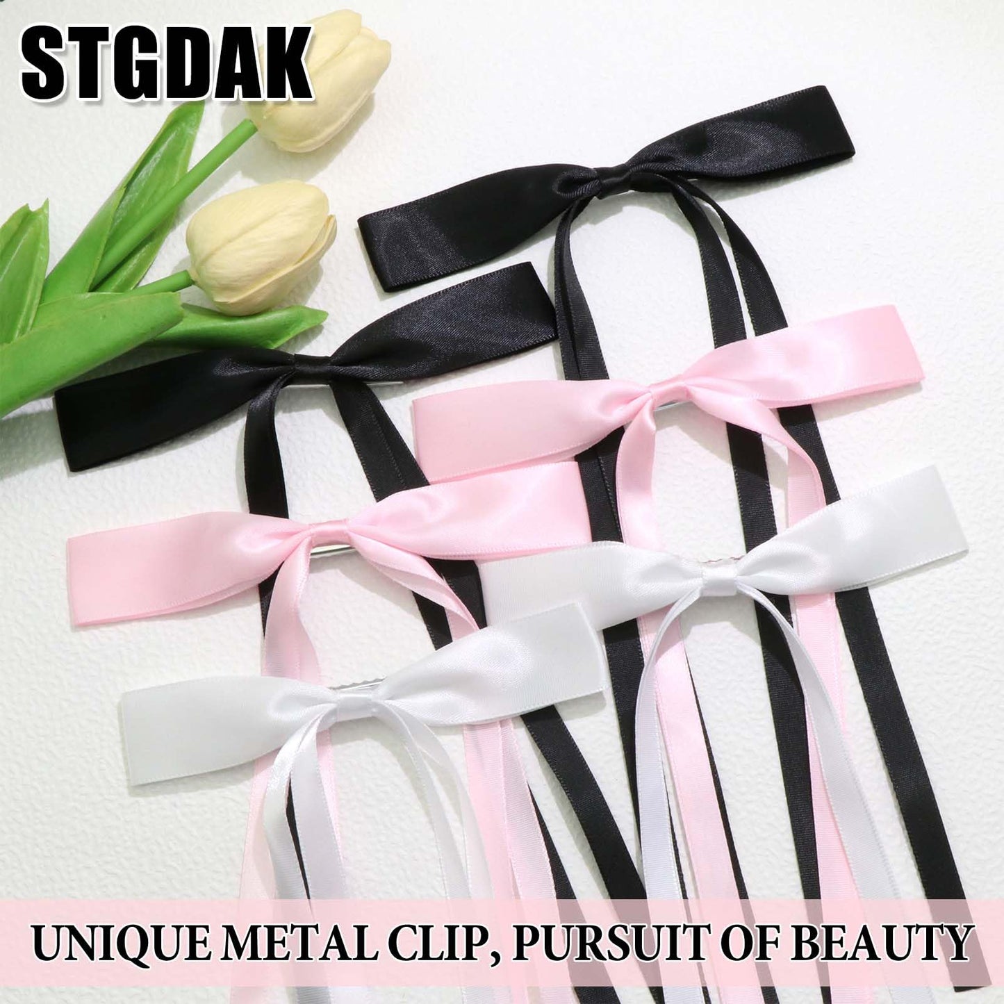 STGDAK 24Pcs Star Hair Clips Pink Bows for Hair Mini Bow Clip White Ribbon Bows Long Tail Cute Star Clip Coquette Y2k Valentines Day Accessories Kawaii Bow Ribbons For Women Girls Valentines Gift