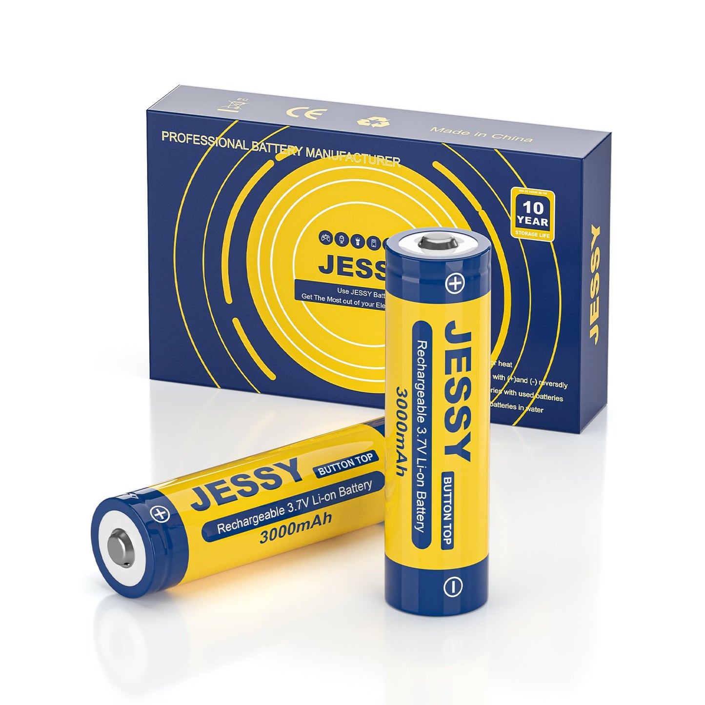 JESSY 2Pack 300 0mAh Rechargeable Ni-MH Batteries 3,7V Button Top Rechargeable Battery, 300 0mah Rechargeable Batteries, for LED Flashlight, Headlamps