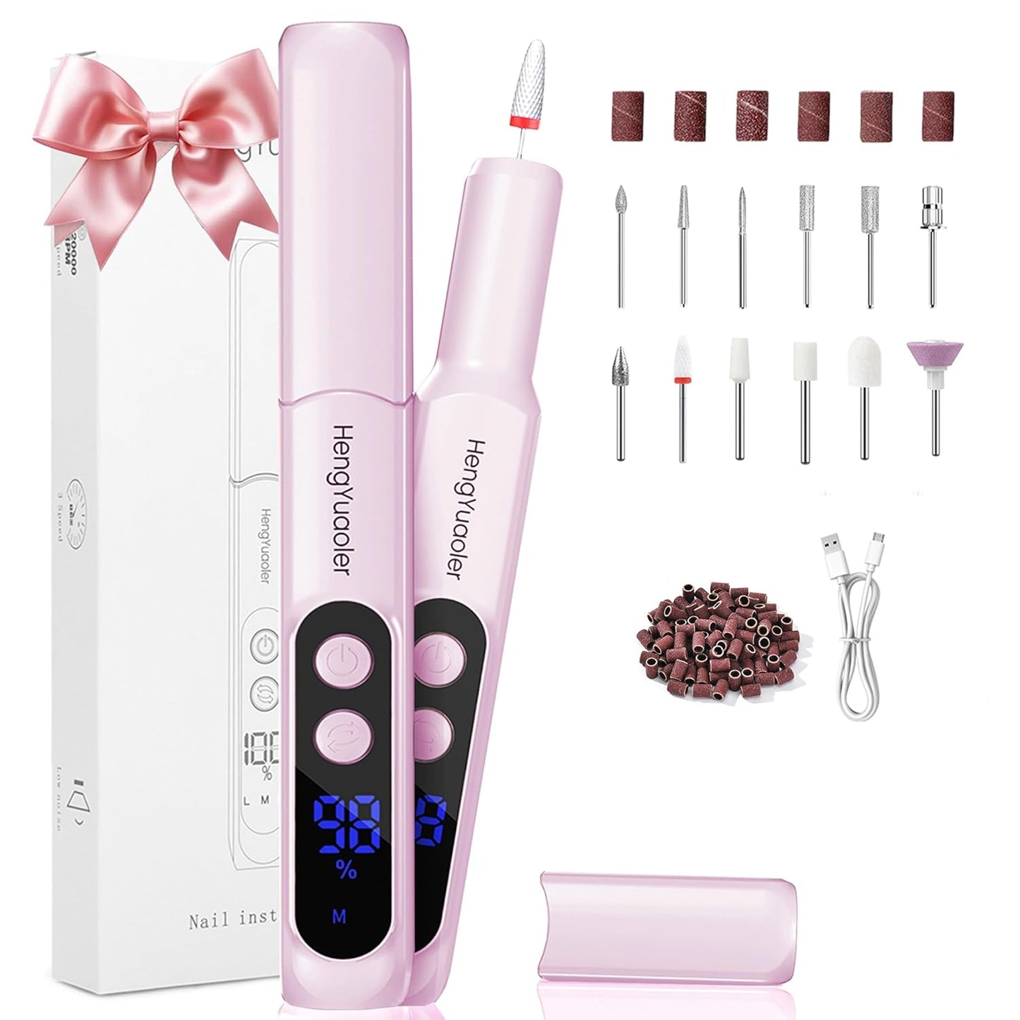 Cordless Electric Nail Drill - Professional 3 Speed Efile Kit for Acrylic & Gel Nails | USB Rechargeable, 20000 RPM, Pink