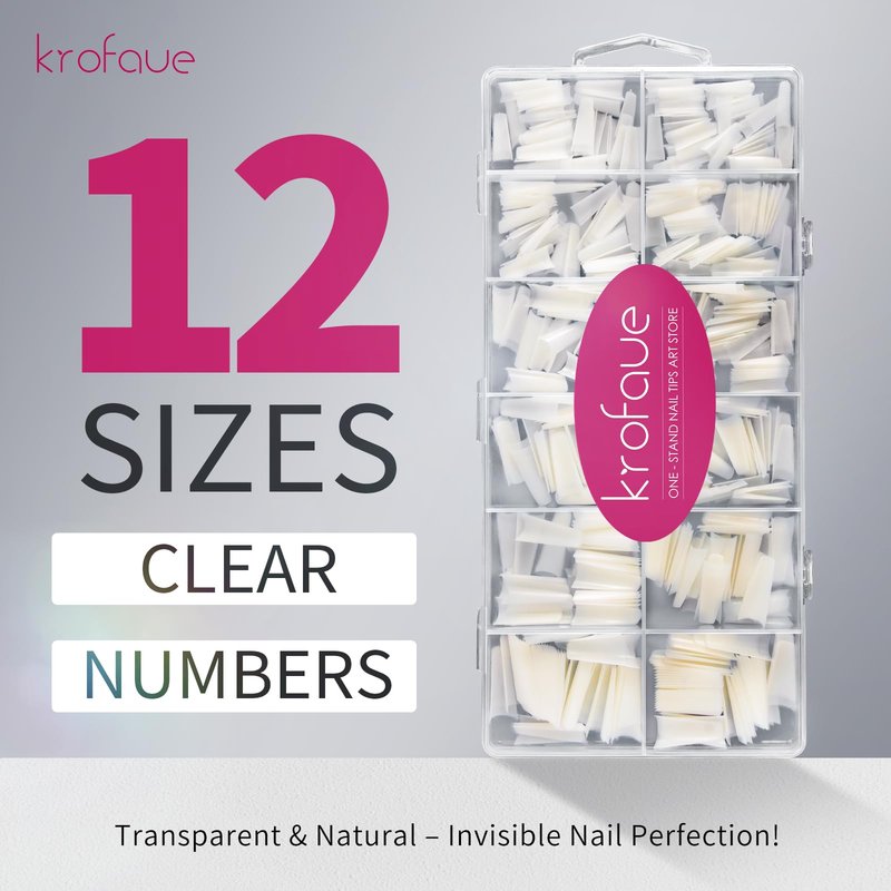 krofaue Natural Acrylic Nail Tips Square - 600PCS Half Cover Coffin False Nails 12 Size with Box for Salon and Home DIY