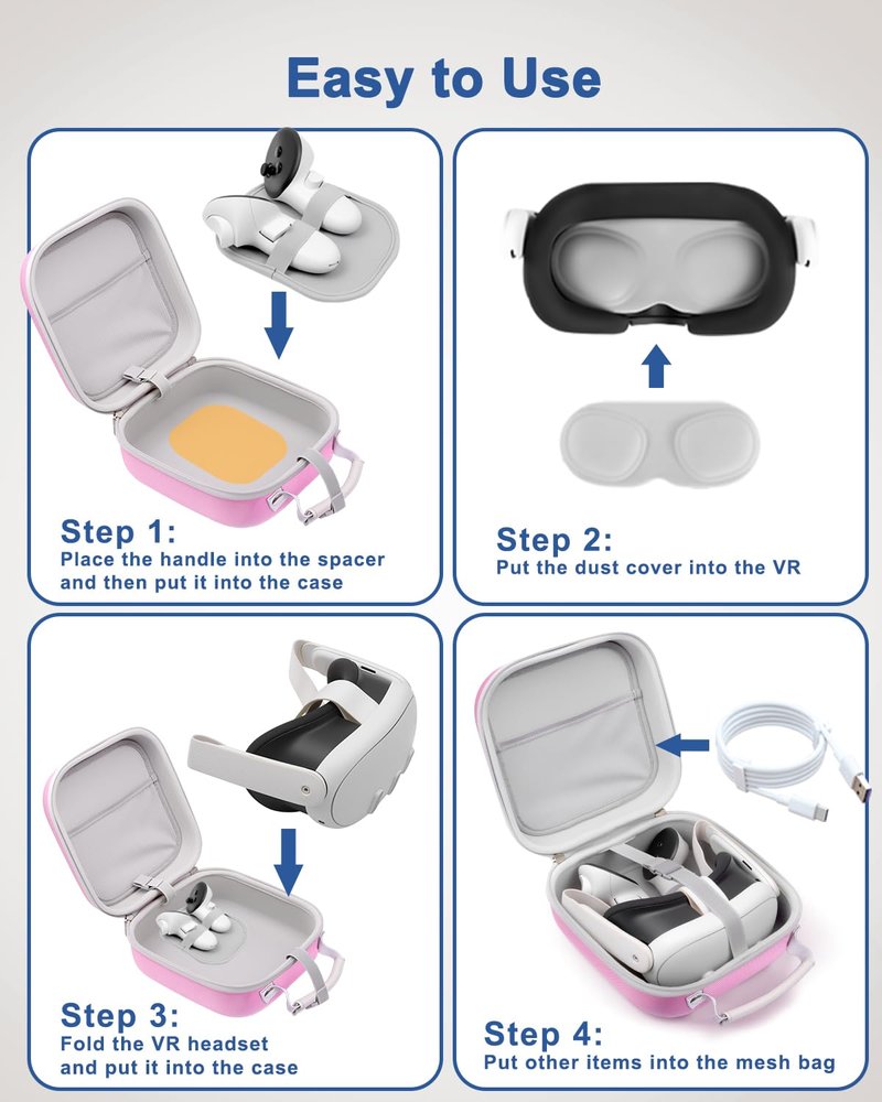 Krypthos Hard Carrying Case Compatible with Meta Quest 3S/Quest 3/Quest 2/Vision Pro, Portable VR Gaming Headset and Touch Controllers Case with Lens Protector, Suit for Travel and Home Storage (Pink)