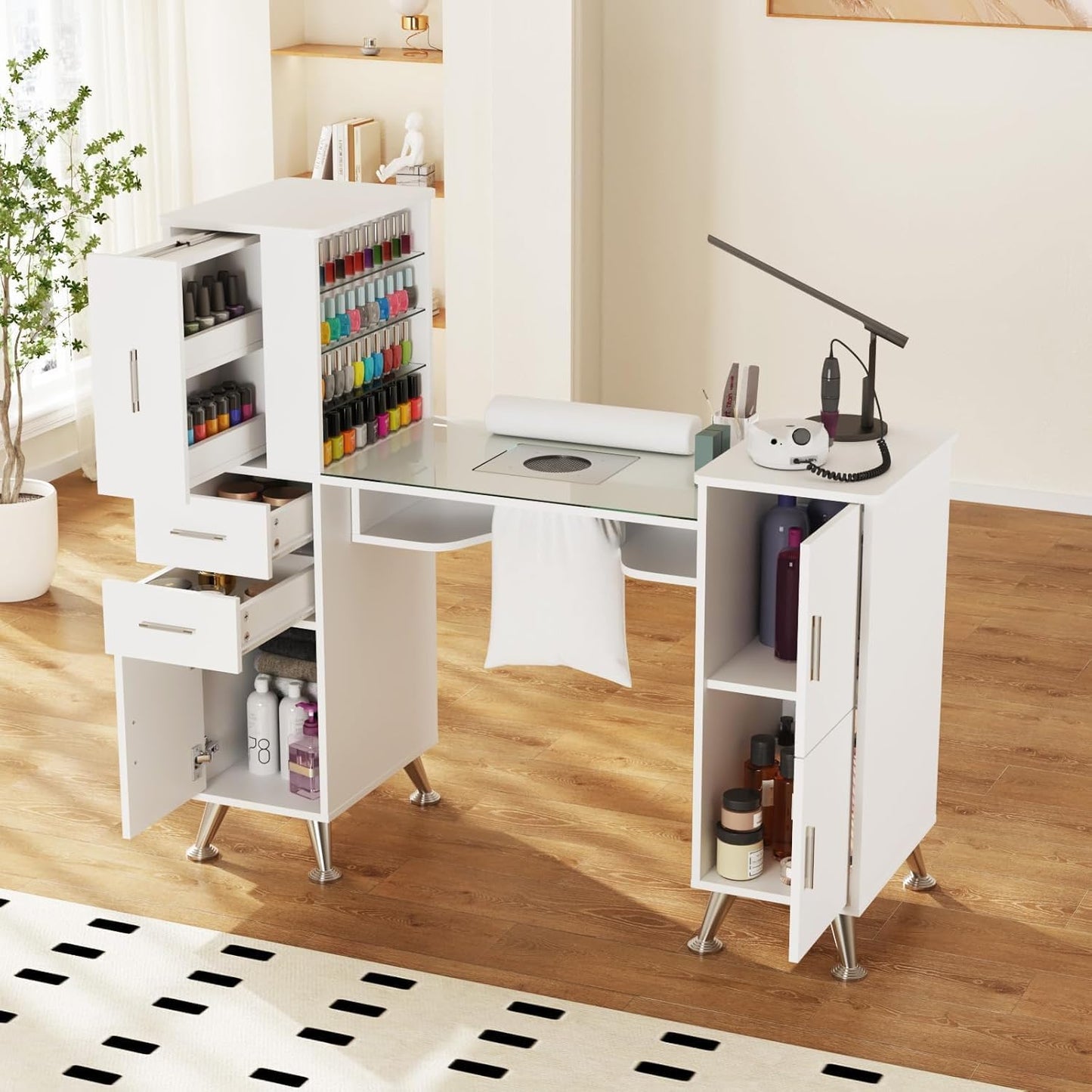 Manicure Table - Nail Station with Glass Top, Dust Collector & Storage Drawers | White Beauty Salon Workstation
