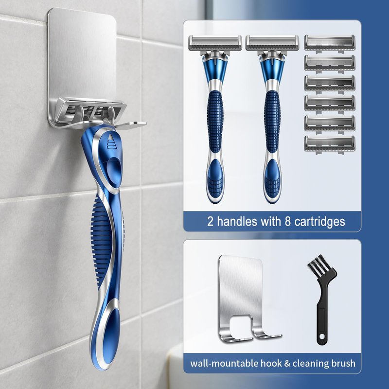 FYNEDGE 6-Blade Manual Razor for Men with Lubricating Strip, 2 Ergonomic Non-Slip Handles Includes 8 pack Razor Blade Refill Cartridges, with Hanging Hook & Cleaning Brush, Full Washable Dsign