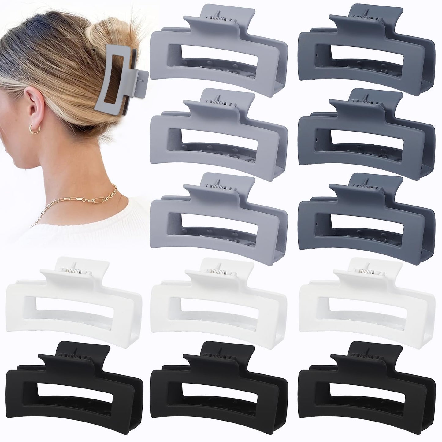 3.5 Inch Medium Hair Accessories - 12 Pcs Square Jaw Clips for Thick & Thin Hair | Rectangular Basic Color Clips for Women & Girls