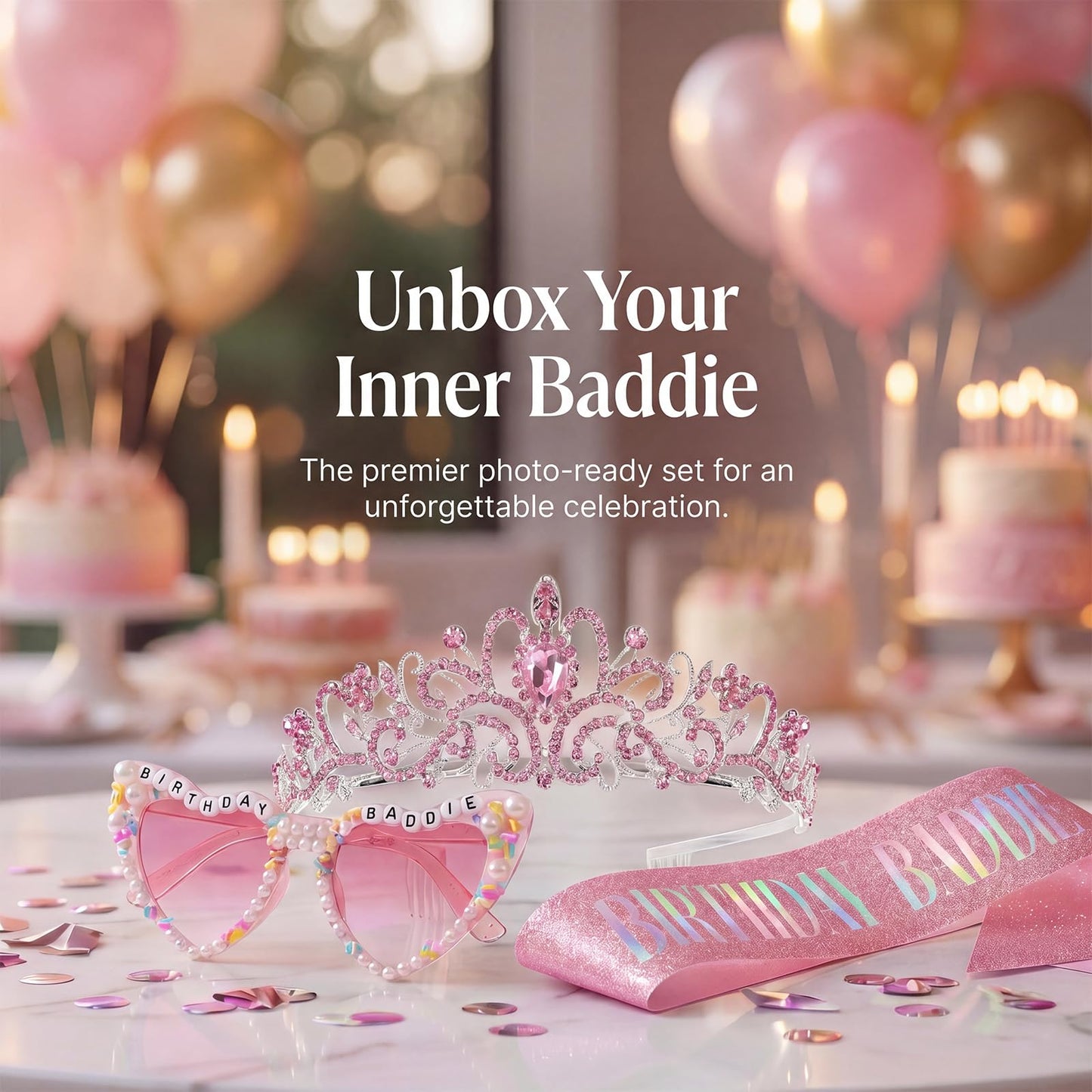 PcwBcn Birthday Baddie Glasses, Pink Birthday Queen Sash Tiara Crown for Women Girls, 3 Pcs Elegant Princess Headband Hair Accessories Happy Birth Party Decorations 21st-90th Mom Birth Gifts