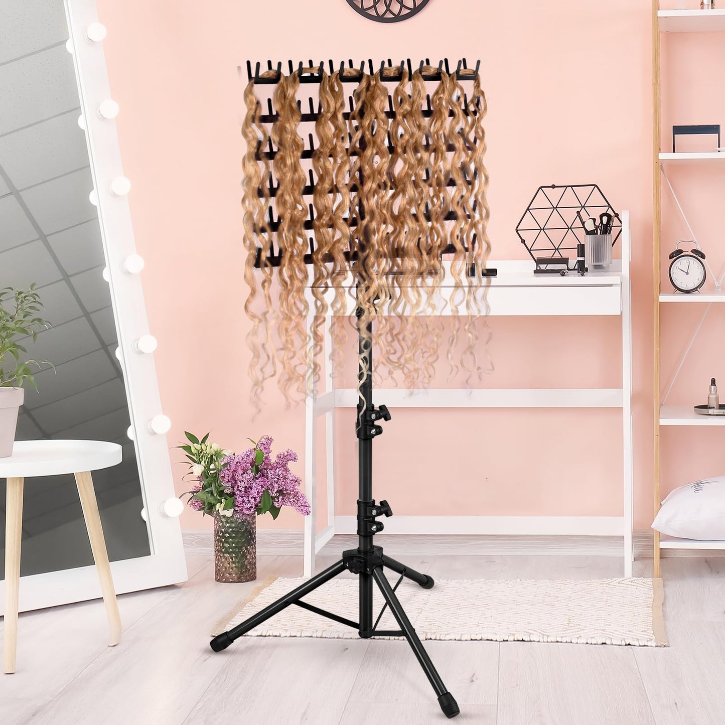Klvied 144 Pegs Braiding Hair Rack Standing, Height Adjustable Hair Holder for Braiders with Accessory Tray & Carrying Bag, Heavy Duty Rolling Hair Organizer for Salon & Home (48.2"-62.9"), Black