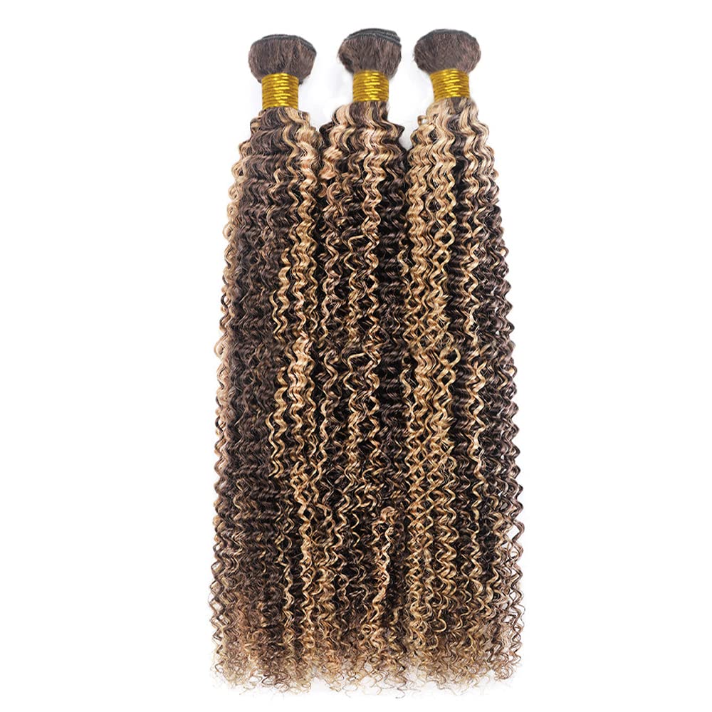 28 28 28 Inch Blonde Bundles Human Hair Highlight Brown Kinky Curly Bundles Peruvian Virgin Remy Hair Extensions Double Weft 2 Tone Brown Mixed With Blonde Bundle Hair Weave