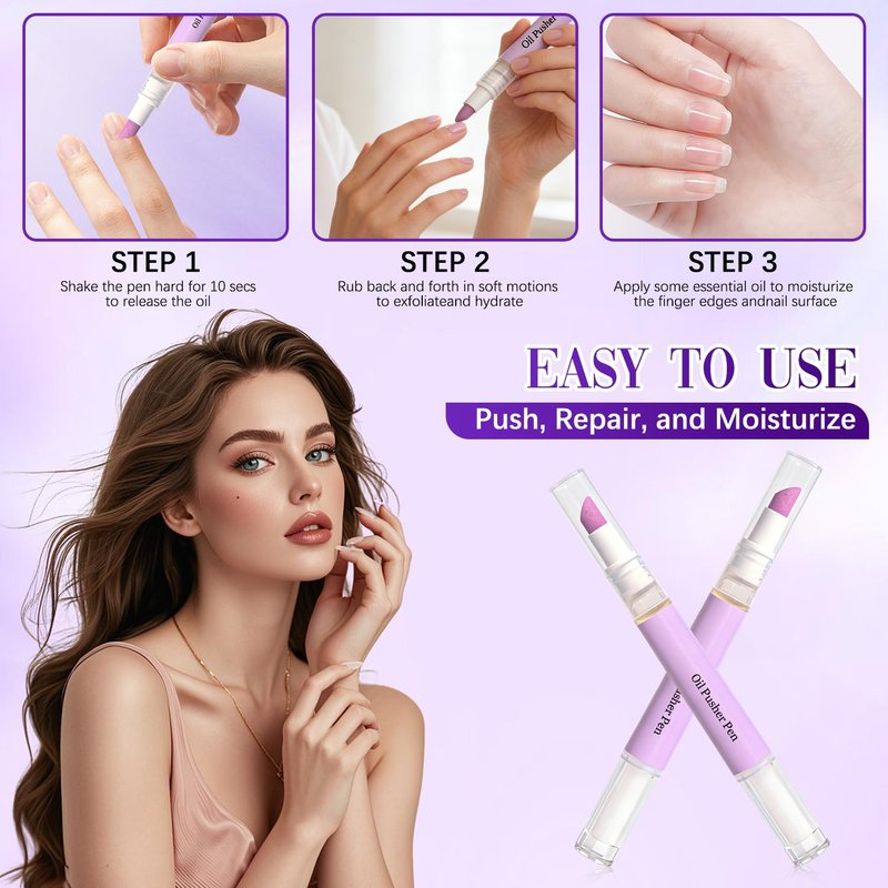 2-in-1 Cuticle Pusher & Oil Pen Set - Portable Nail Care Tools for Dry, Damaged Nails | Moisturizes & Strengthens