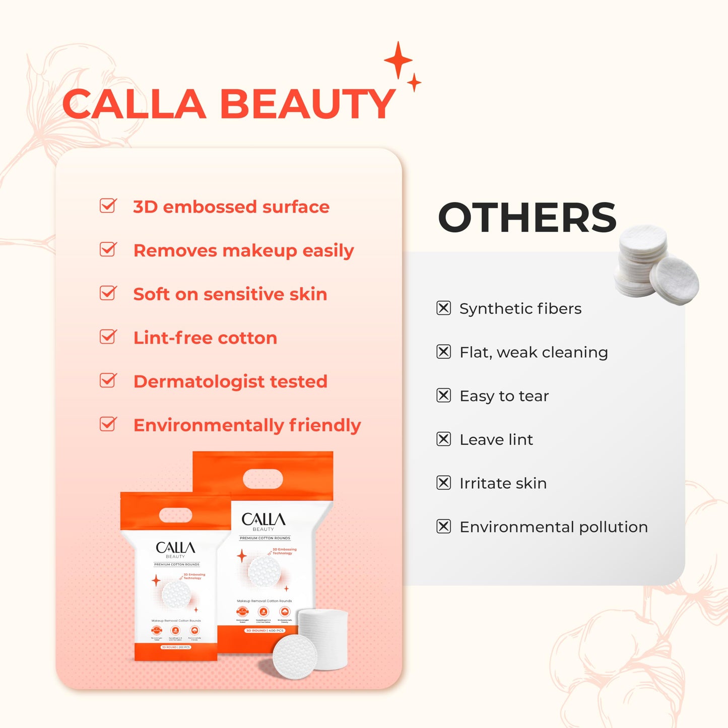 CALLA BEAUTY 3D Cotton Rounds for Face (400 Counts) - Premium 3D Embossing Technology - Textured Thick Cotton Pads, Tear-Resistant & Low Lint Makeup Remover Pads, Absorbent Toner Pads