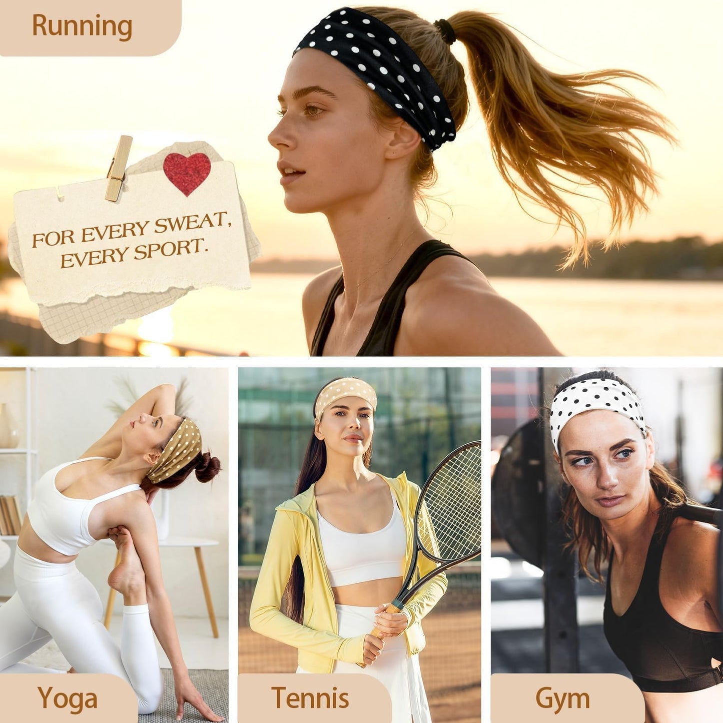 Tiefebene 6 Pack Polka Dot Headband for Women - Non Slip Elastic Floral Hairbands, Soft Fabric Hair Bands for Yoga Workouts, Breathable Head Bands for Hairstyles & Outfits