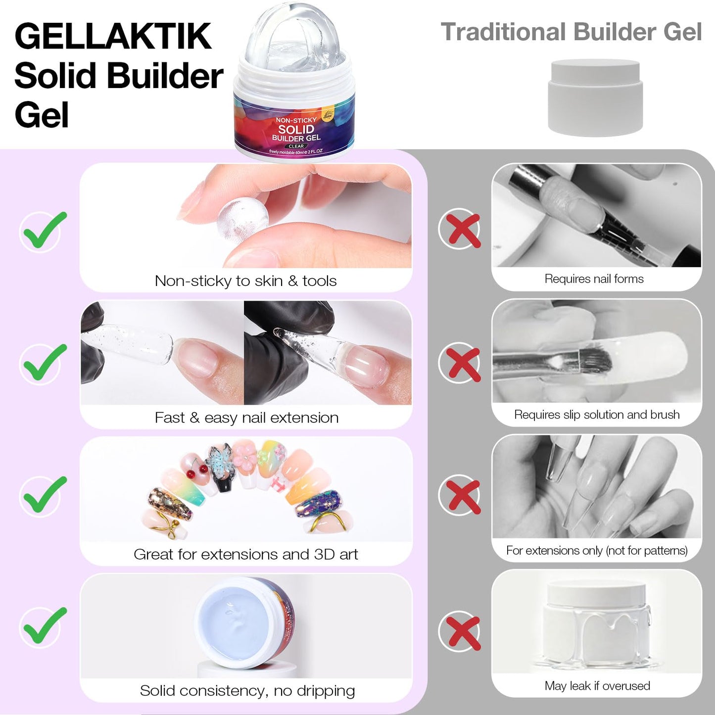 GELLAKTIK All-in-One Solid Builder Nail Gel Kit: 60g Hard Gel with 3D Mold, 6-Color Powders & Nail Art Tools (Nail File, Cuticle Pusher, Pen), Non-Sticky for Nail Extension, DIY Salon, UV/LED Cured