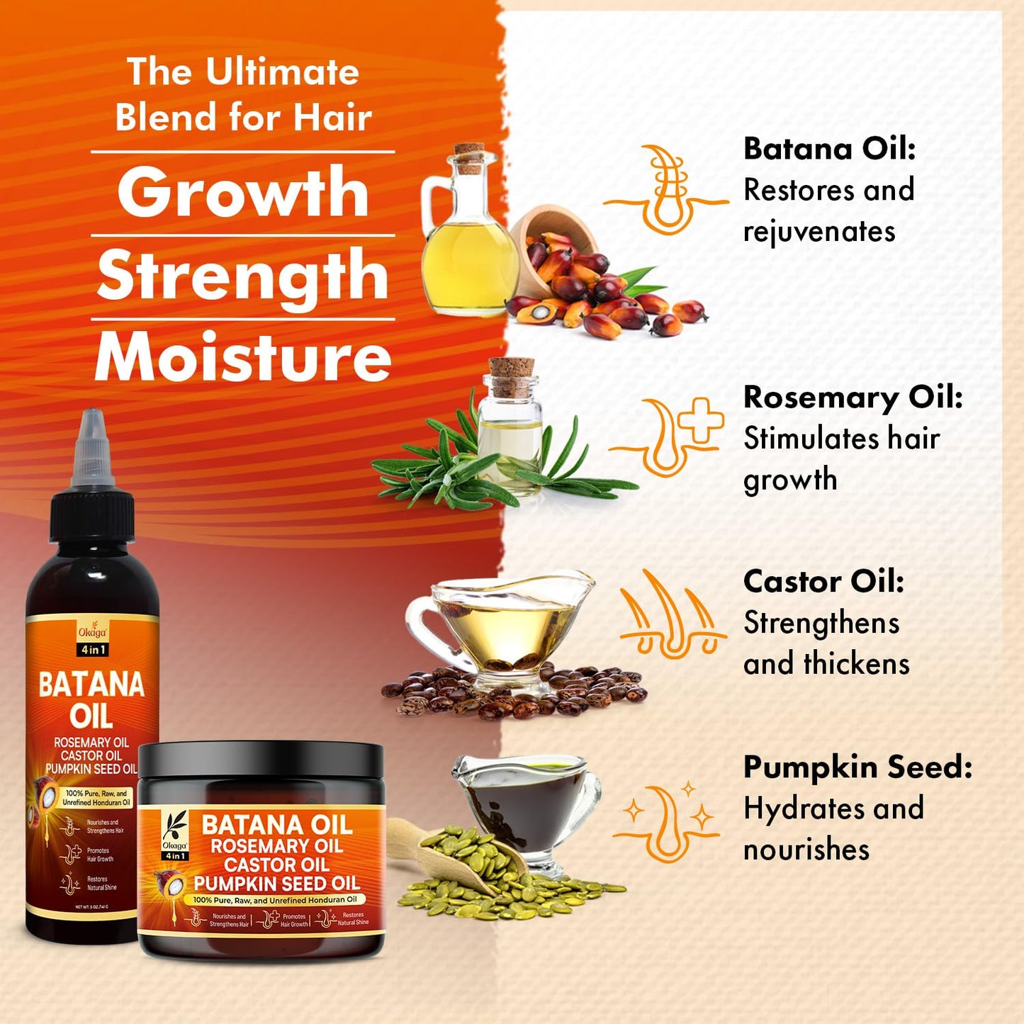Batana Oil and Cream for Hair Growth Bundle, Rosemary & Castor, All Hair