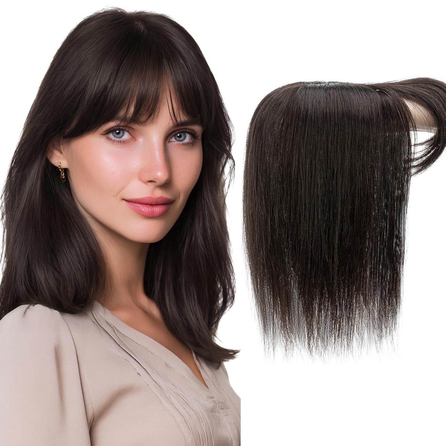 Hair Toppers for Women - Real Human Hair Clip-In 10 Inch Straight Hairpieces | Medium Brown Silk Base with Bangs