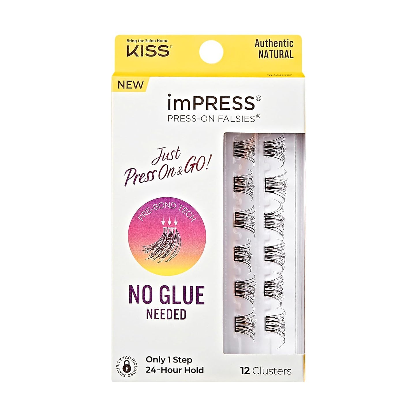 Kiss Impress Falsies Eyelashes - Self-Adhesive Natural Volume Lashes, 12mm-14mm, Black | No Glue, Invisible Band, 12 Clusters