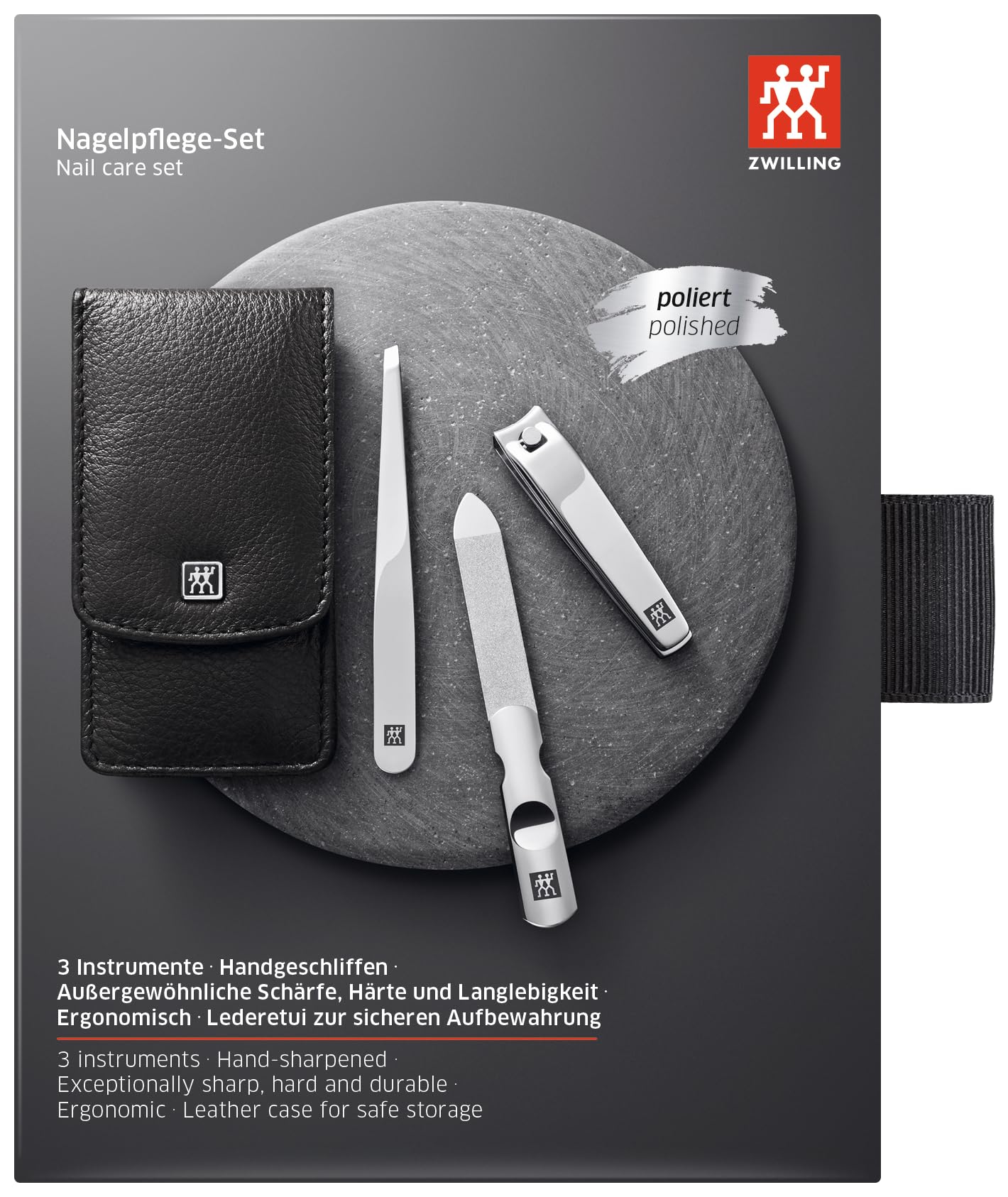 ZWILLING Beauty Classic INOX 4-pc Manicure and Tweezer Set with Black Leather Case, Nail Care Made of Genuine Leather with Push Button