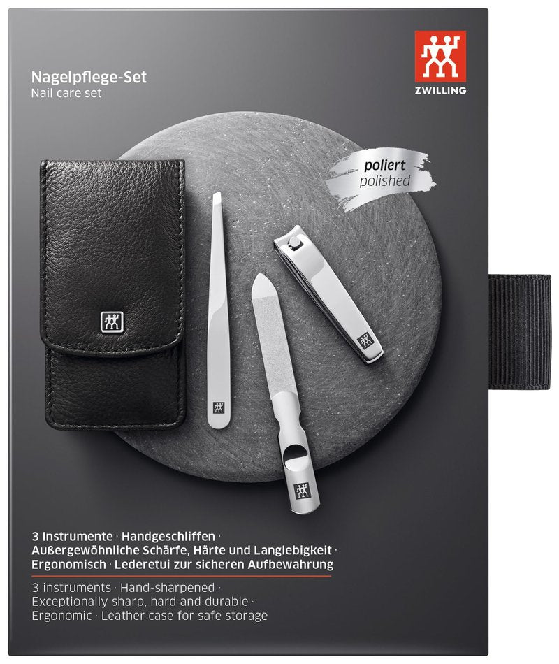ZWILLING Beauty Classic INOX 4-pc Manicure and Tweezer Set with Black Leather Case, Nail Care Made of Genuine Leather with Push Button