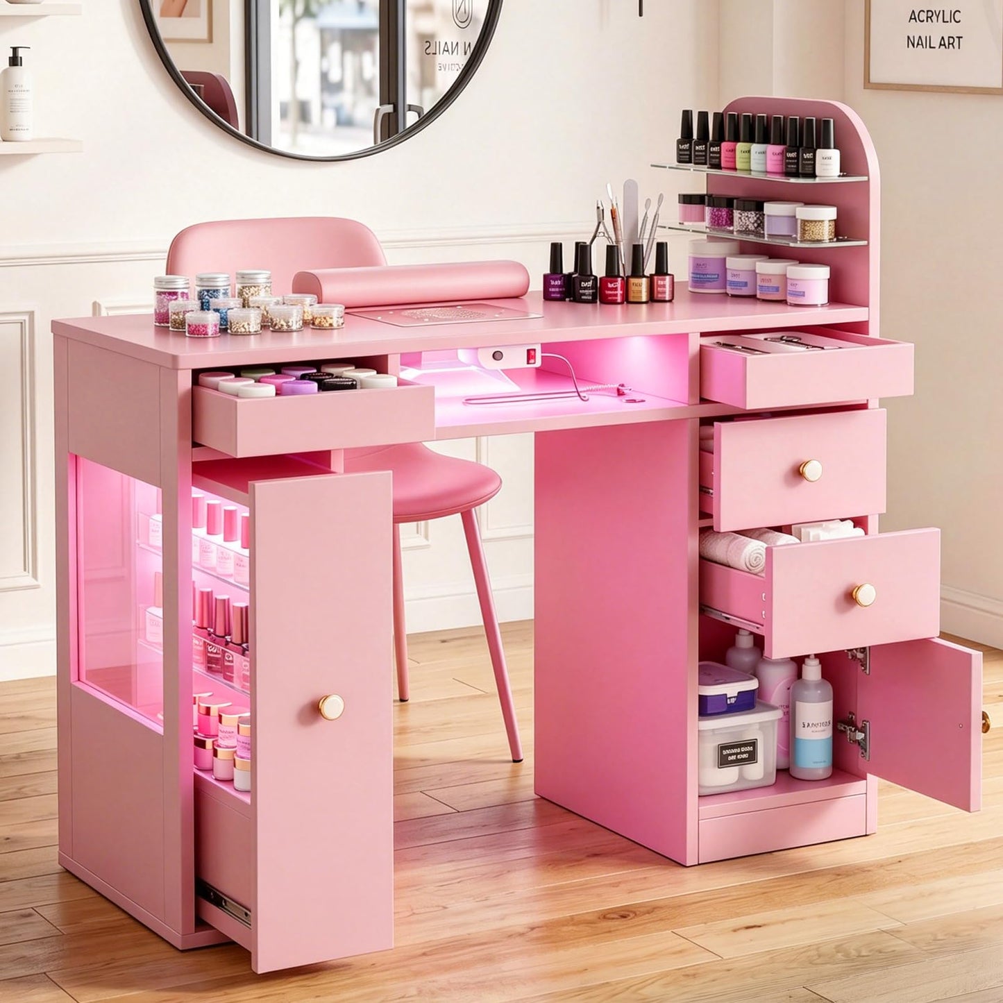 TTGIEET Manicure Table for Nail Tech w/LED Light Display Cabinet,Professional Nail Tech Desk with Storage Cabinet & Drawer, Dust Collector, Wrist Rest, Acetone-Resistant, for Beauty Salon, Spa & Home