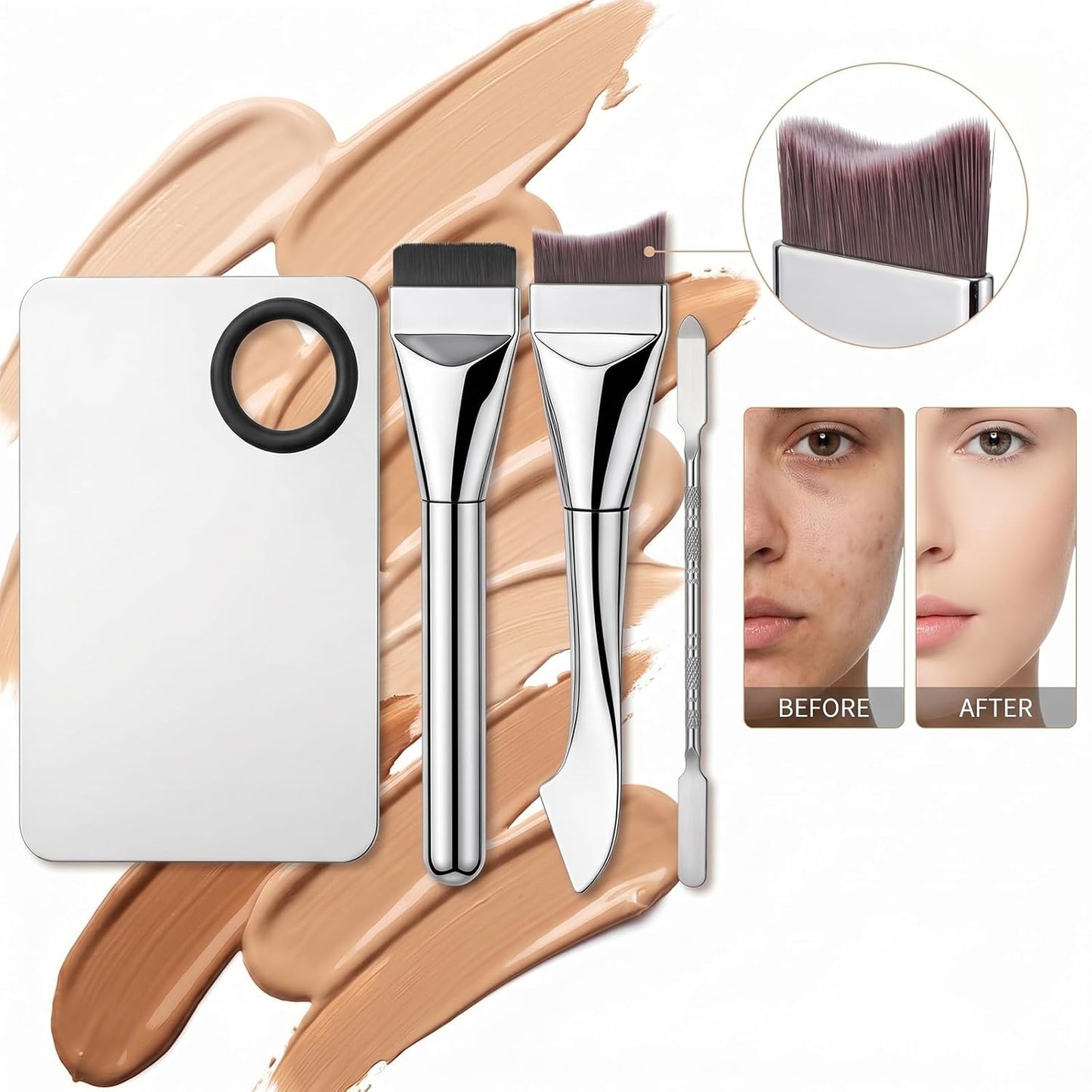 Makeup Mixing Palette Set - 6Pcs Flat Foundation Brush & Double-Ended Spatula for Professional Makeup Artists | Ideal for Blending Pigments & Nail Art