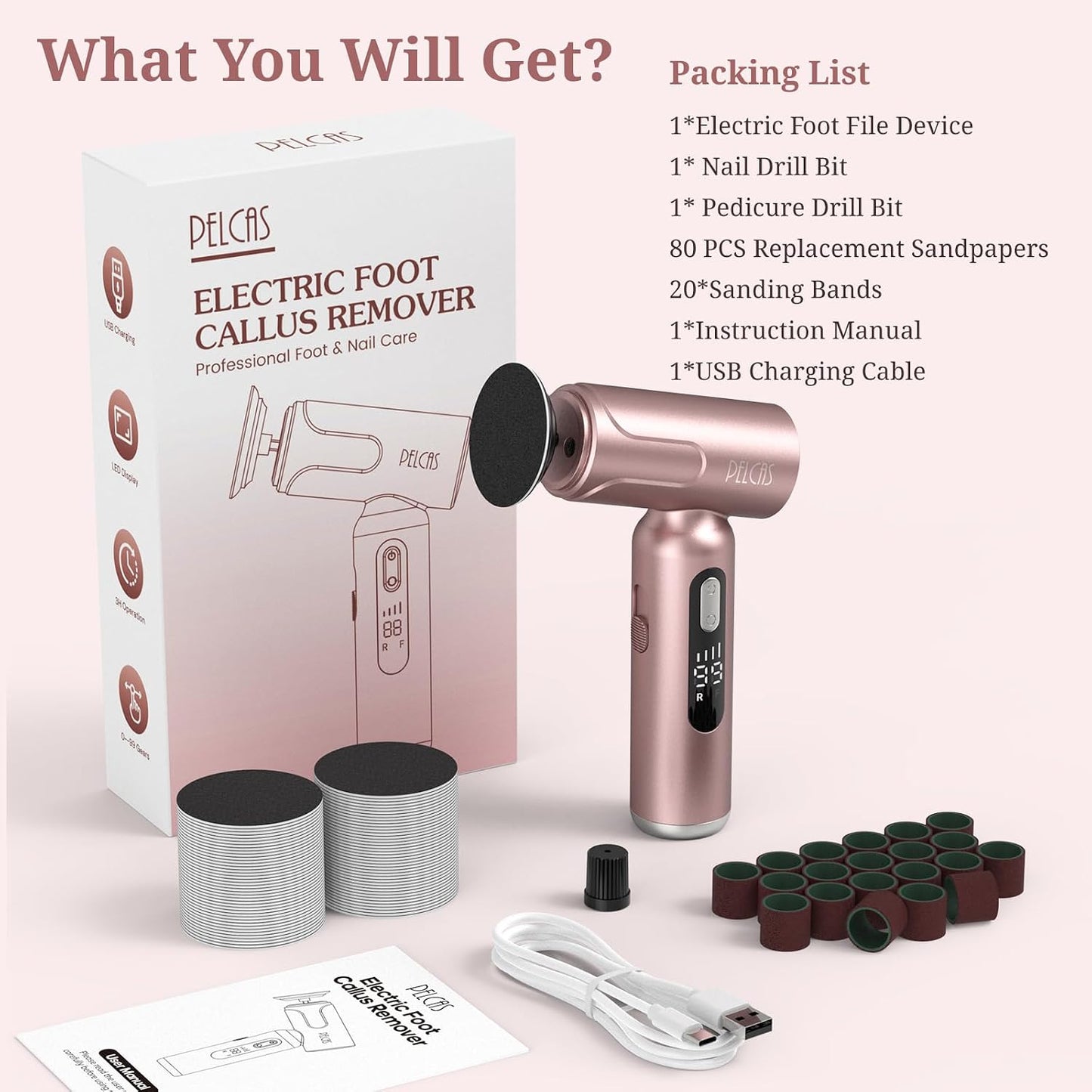 Electric Foot Callus Remover - 2-in-1 Manicure & Pedicure Kit with LED Screen | Cordless Foot File, 100 PCS Sandpapers, Pink