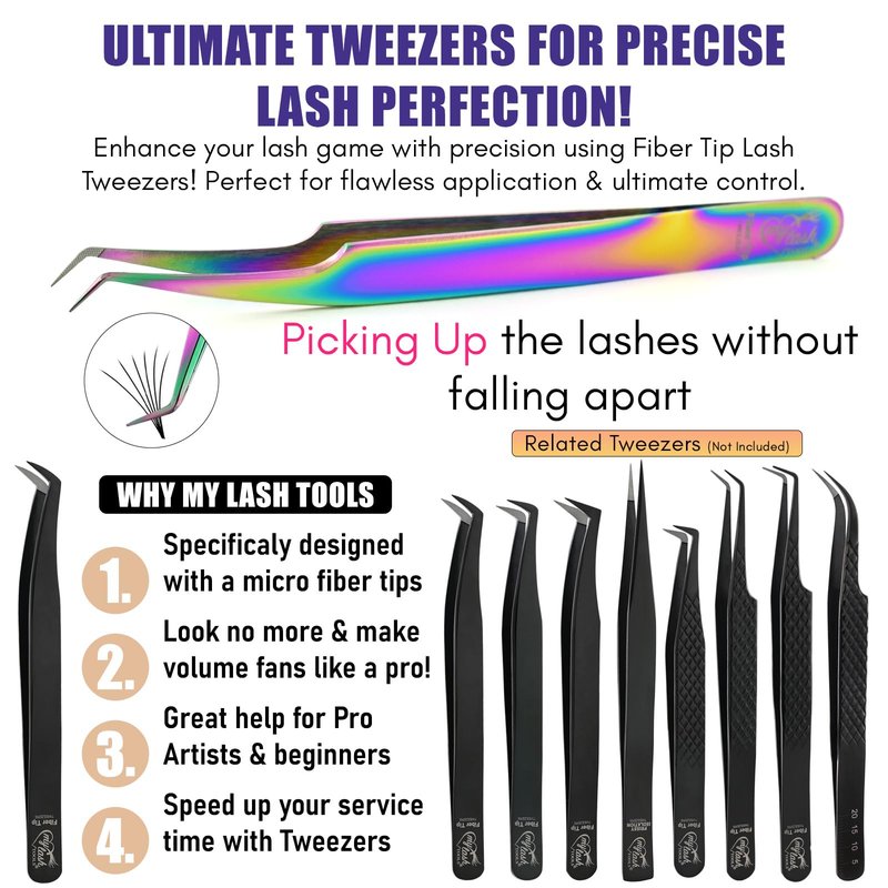 Fiber Tip Lash Tweezer for Eyelash Extensions – Curved 45 Degree Volume Tweezers for Women, Precision Stainless Steel, Professional Non Slip Grip for Classic, Volume & Mega Volume Fans (Rainbow)