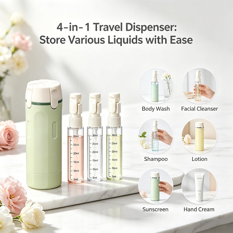 4 in 1 Travel Dispenser, Travel Bottles for Toiletries, No Squeeze Press Dispenser 30ML Leak Proof Travel Containers, Portable Refillable Shampoo Lotion Conditioner Bottles with Labels(1White)