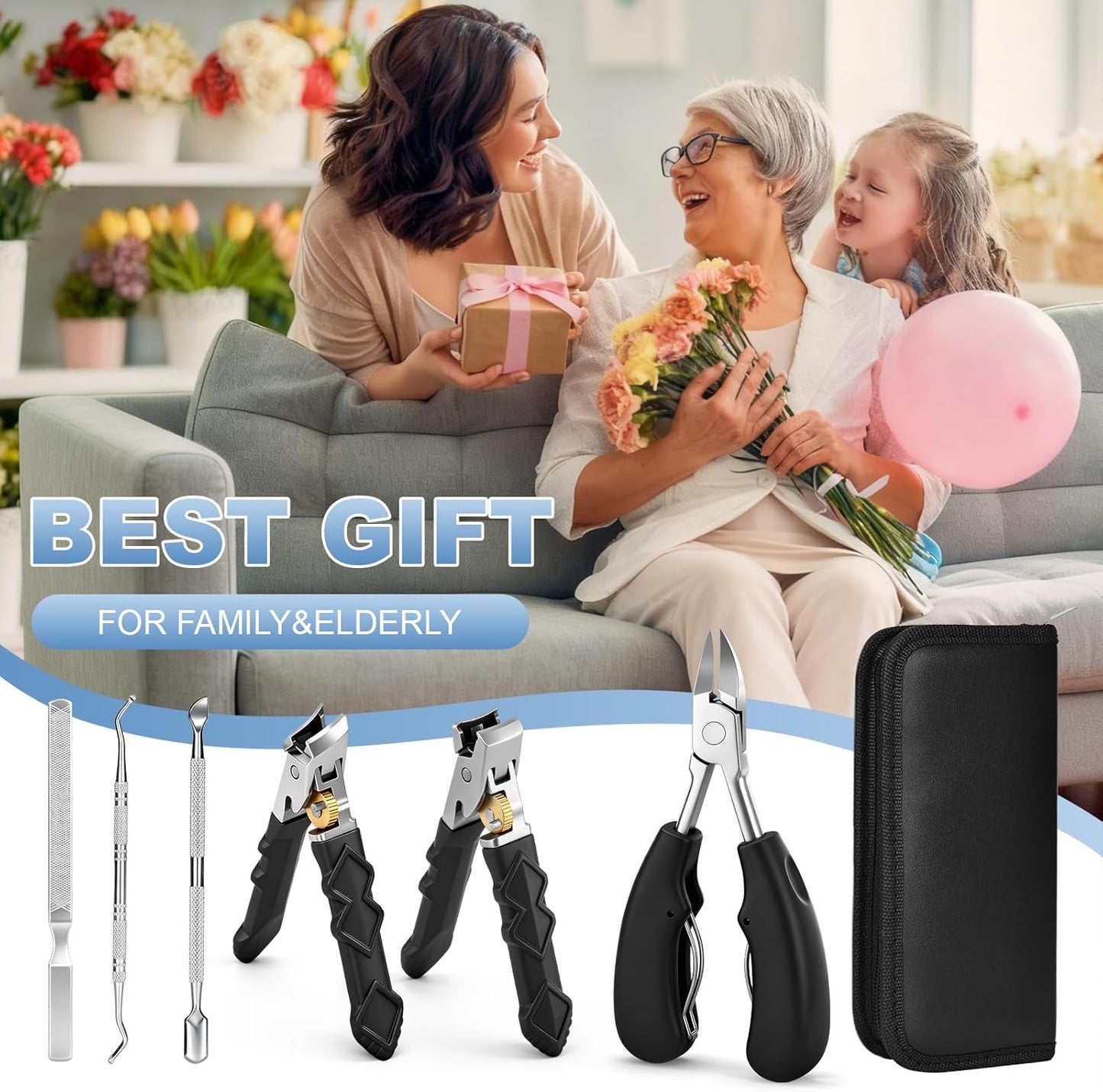 6-in-1 Toenail Clippers for Seniors - Heavy Duty Nail Cutter Set | 45° Angle for Ingrown Toenails, Arthritis Relief
