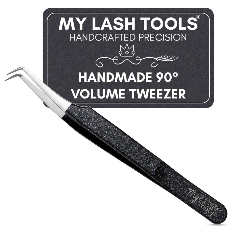 My Lash Tools 90° Volume Fiber Tip Lash Tweezers – 12cm Eyelash Extension Tweezer with Nano Grip Tip, Stainless Steel, Non-Slip Handle (Black)