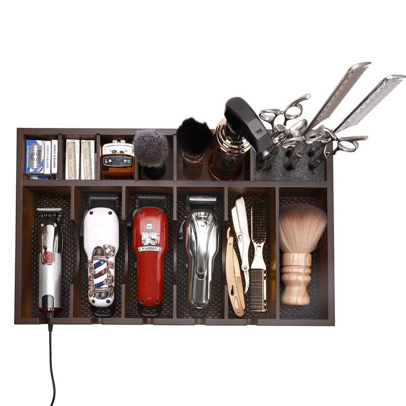 BARBERTOP Barber Organizer Station, Wooden Multi-Functional Barber Accessories Storage Tray, Adjustable Multi-Slot Hairdressing Tool Storage Station Suitable for Hair Salons, Home Use, and Pet Shops