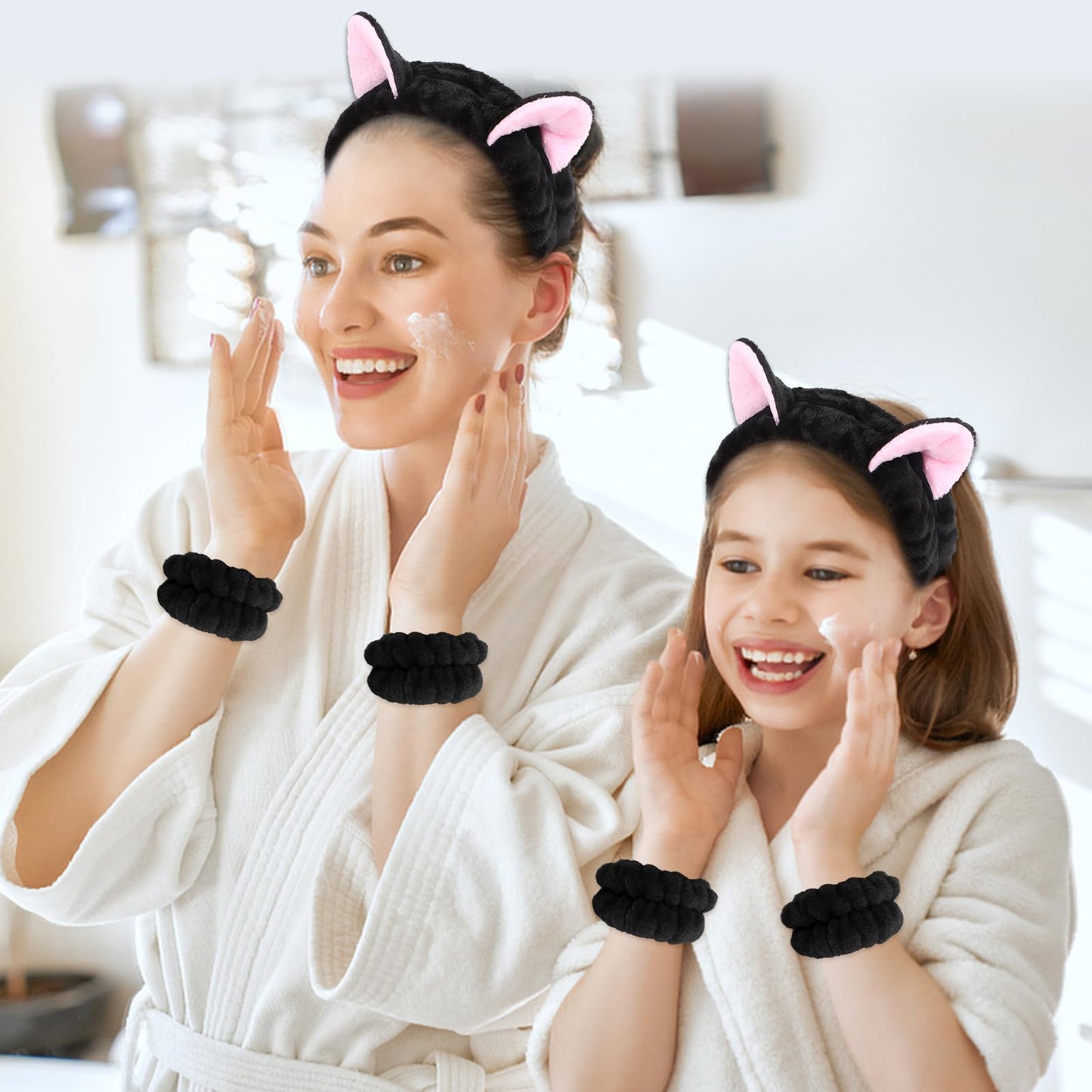 CAVETEE 3 Piece Headband and Wristband Set for Women, Dark Brown Cat Ear Elastic Spa Hairband, Face Wash Elastic Wristbands for Shower, Facial, Makeup, Skincare, Hair Care Accessories