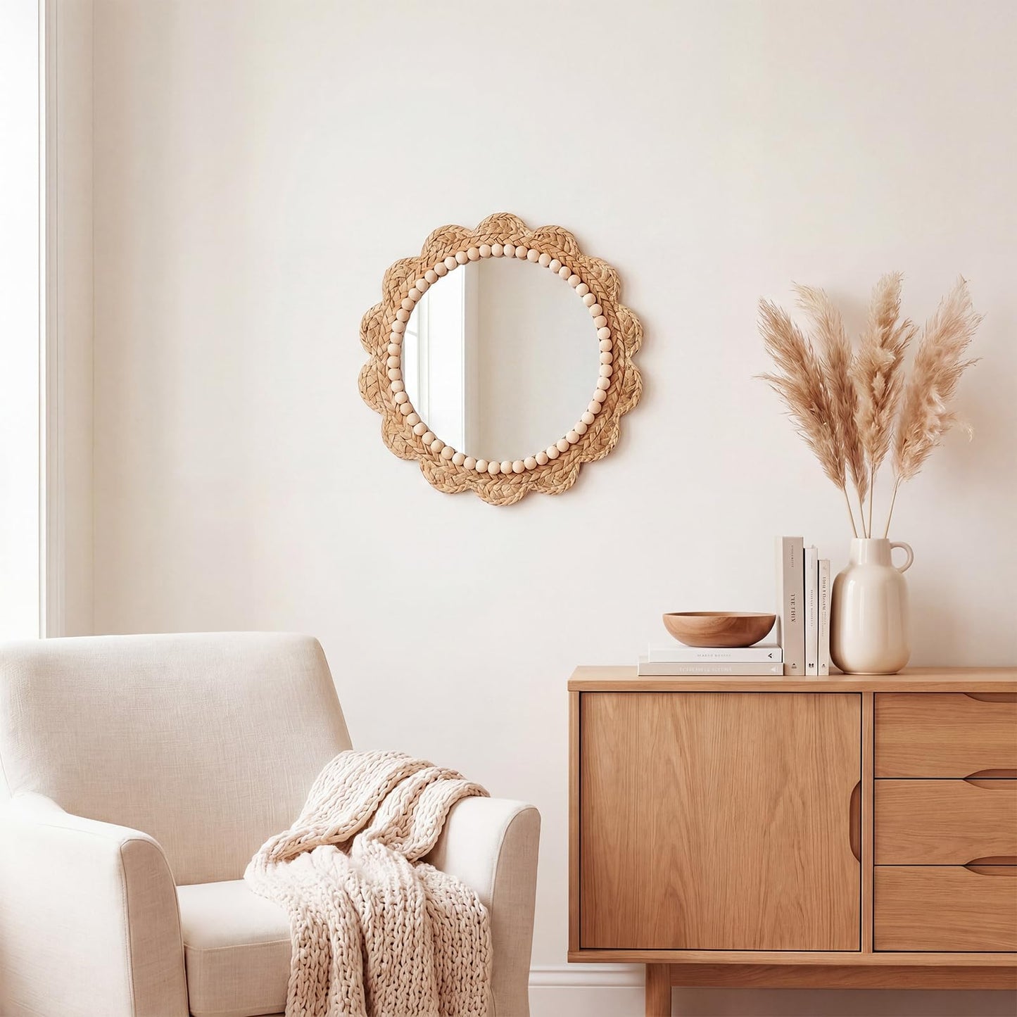 Glooglitter 15 Inch Boho Scalloped Wall Mounted Mirror Decorative Circle Wavy Rattan Hanging Mirror Farmhouse Wicker Wall Decor for Farmhouse, Bathroom, Living Room, Bedroom, Nursery, Entryway Decor