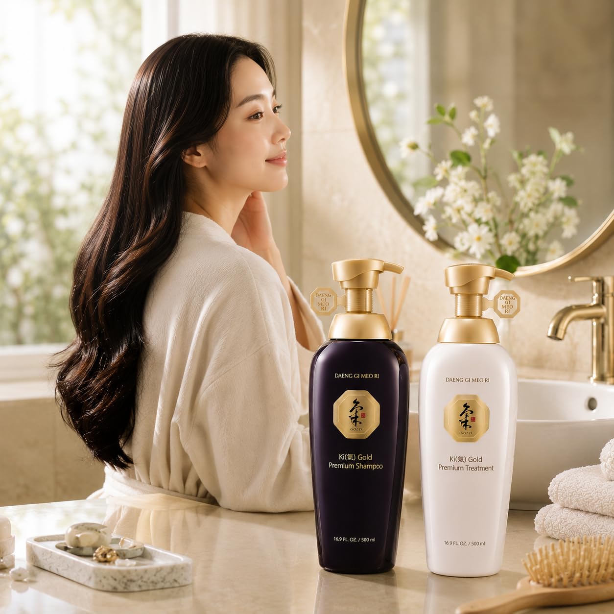 Daeng Gi Meo Ri- Ki Gold Premium Shampoo + Treatment Set, Promoting Hair Growth, Effectively Moisture to Dry and Rough Hair, No Artificial Color, 500ml