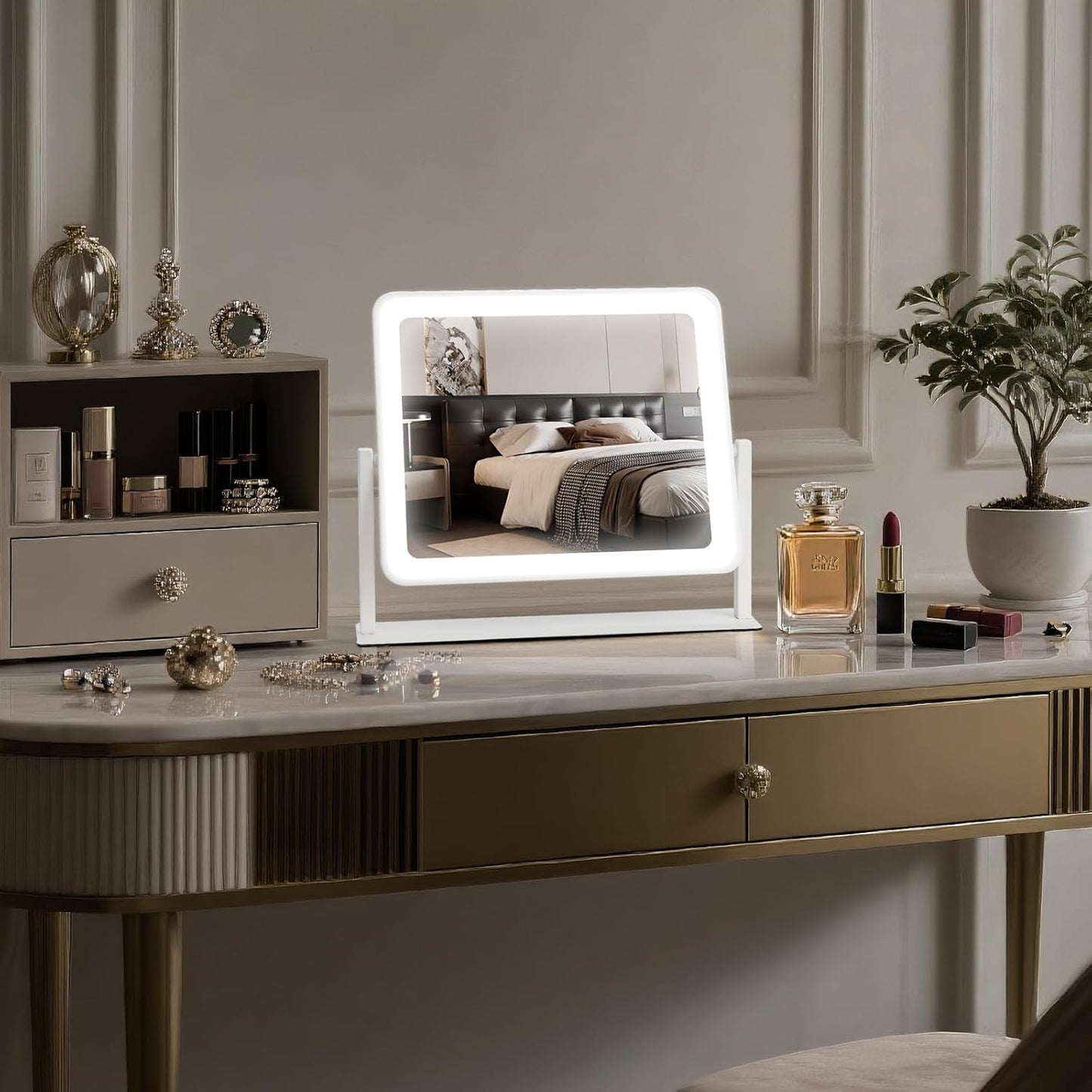 LED Makeup Mirror with Lights - 14"×12" HD Vanity Mirror | Smart Touch, 3-Color Lighting, Dimmable, 360° Rotation, White
