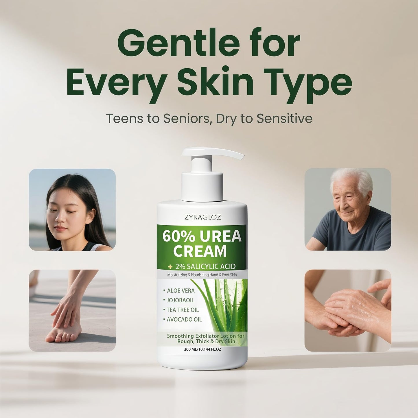 60% Urea Cream with 2% Salicylic Acid, Urea Cream 60 Percent for Feet & Hands, Maximum Strength Moisturizer Foot Lotion for Dry Cracked Heels Feet Knees Elbows Hands, Callus Remover, 10.1 fl oz