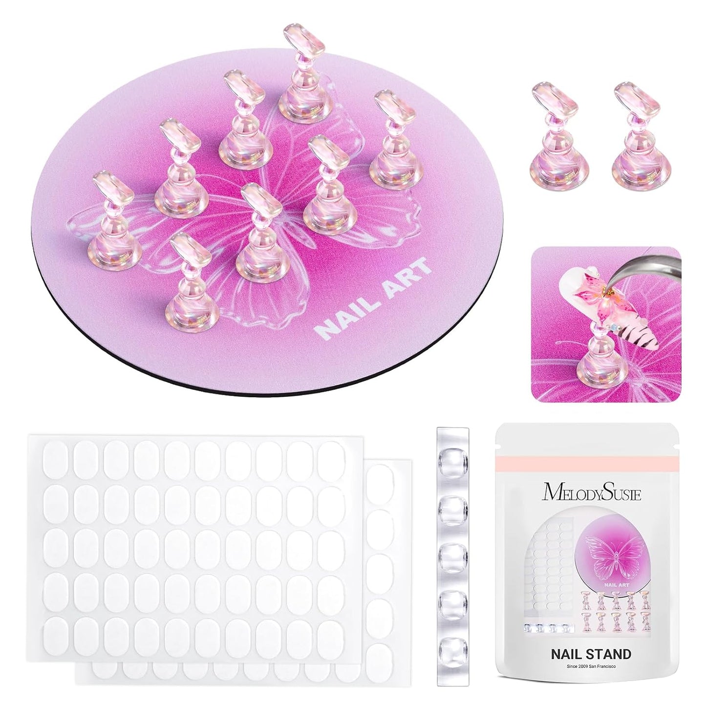 MelodySusie Nail Stand - Metal Square With Heart Pattern & Magnetic Base | DIY Press-On Display With Brush Holder & Tape