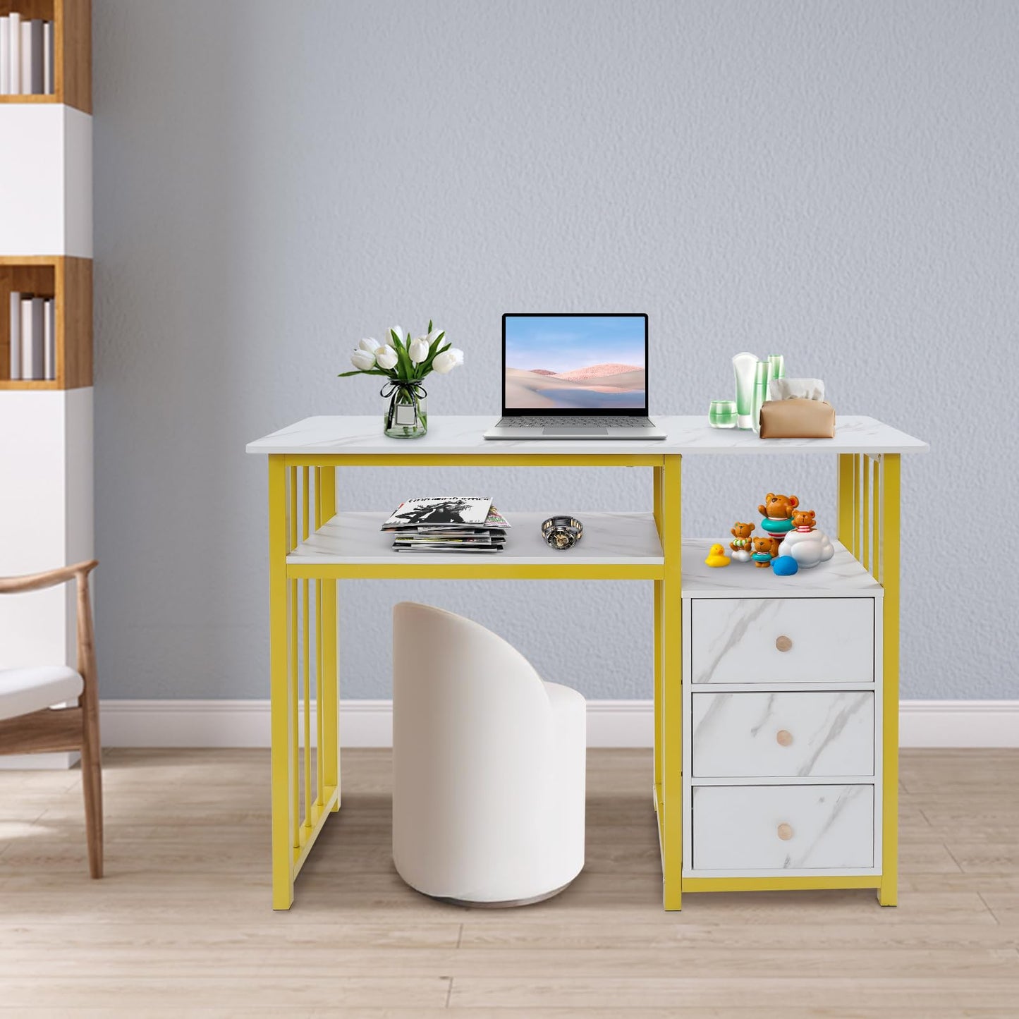 Mahugde Professional Fashionable Nail Desk, Marbling Texture Manicure Desk with 3 Drawers Nail Technician Workstation Manicure Table for Office Nail Salon Beauty Salon (39.37 * 15.75 * 29.92in)