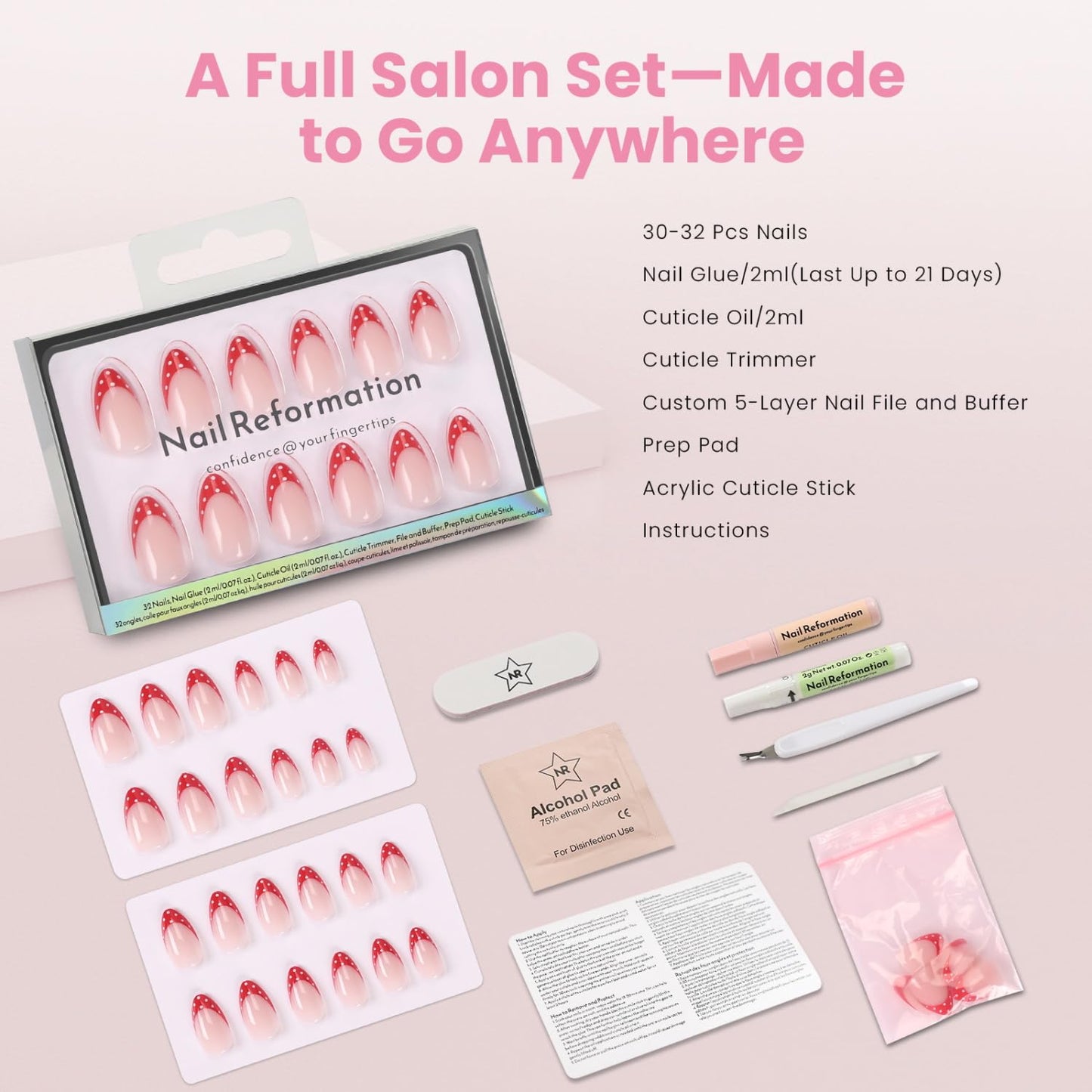 Nail Reformation Press On Nails, Strawberry Seed | Milky Pink Short Almond Fake Nails with Red Polka Dot French Tip, Glossy Reusable Stick On Nails Kit - 32 Pcs in 16 Sizes, Manicure Gifts for Women