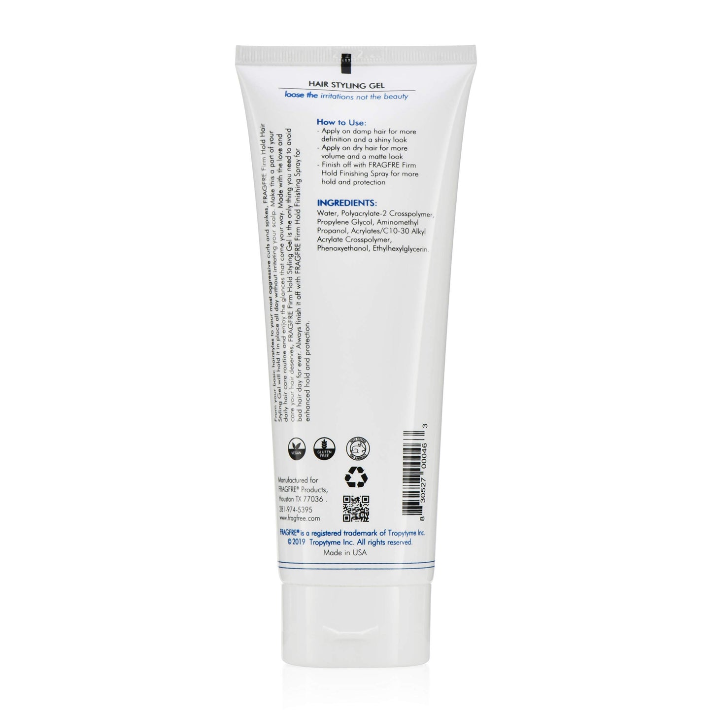FRAGFRE Firm Hold Hair Gel Fragrance Free 8 oz - Strong Styling Gel for Aggressive Hair Styles - Paraben Free Hypoallergenic Sensitive Formula - Non-Irritating Vegan No Gluten/Cruelty (1 Pack)