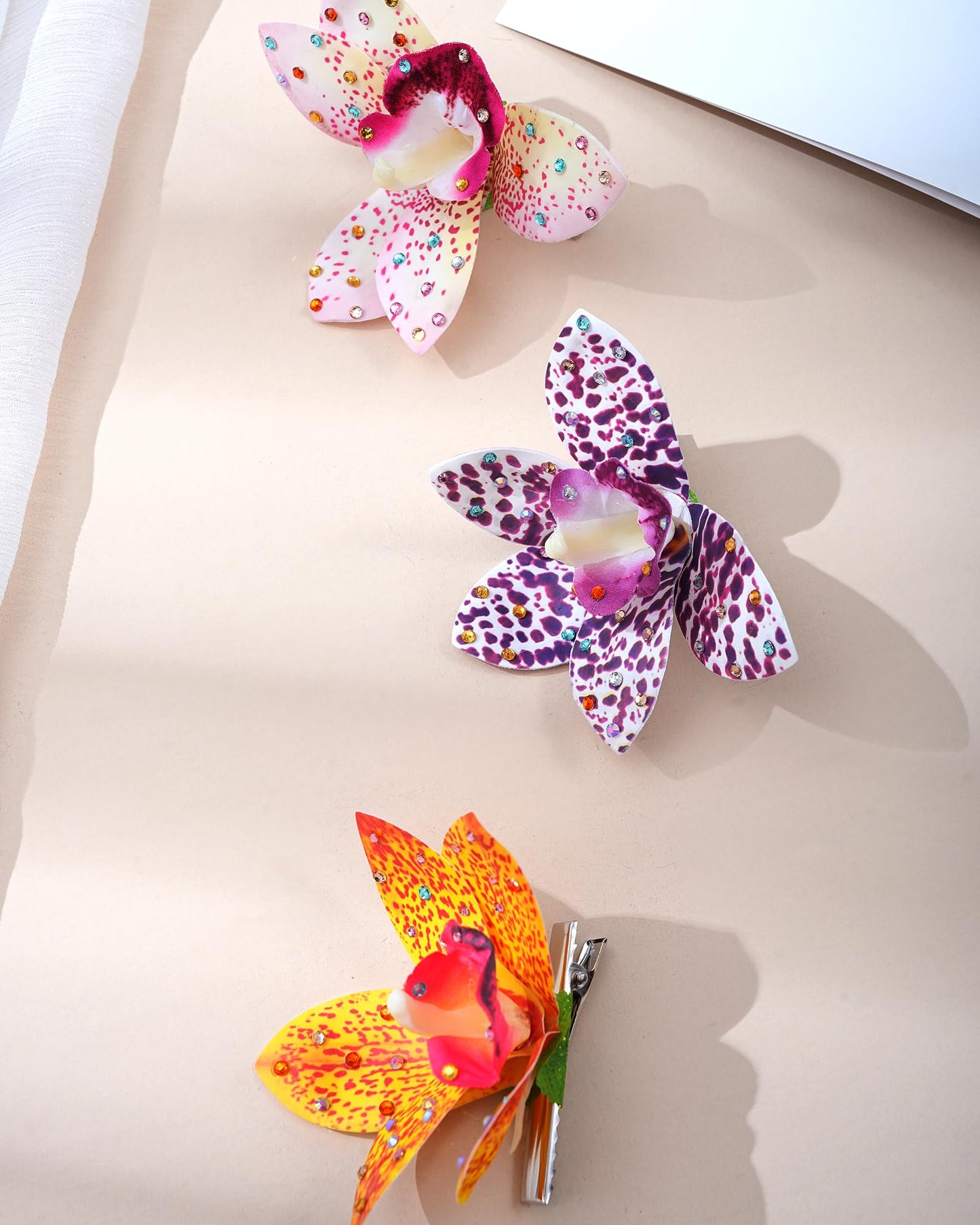 Mesovor 3 Pack Hawaiian Flower Hair Clips, Artificial Tropical Flower Orchid Hair Pin | Rhinestone Hairpins Hair Accessories for Wedding Bridal Beach Party (Orange Orchid)