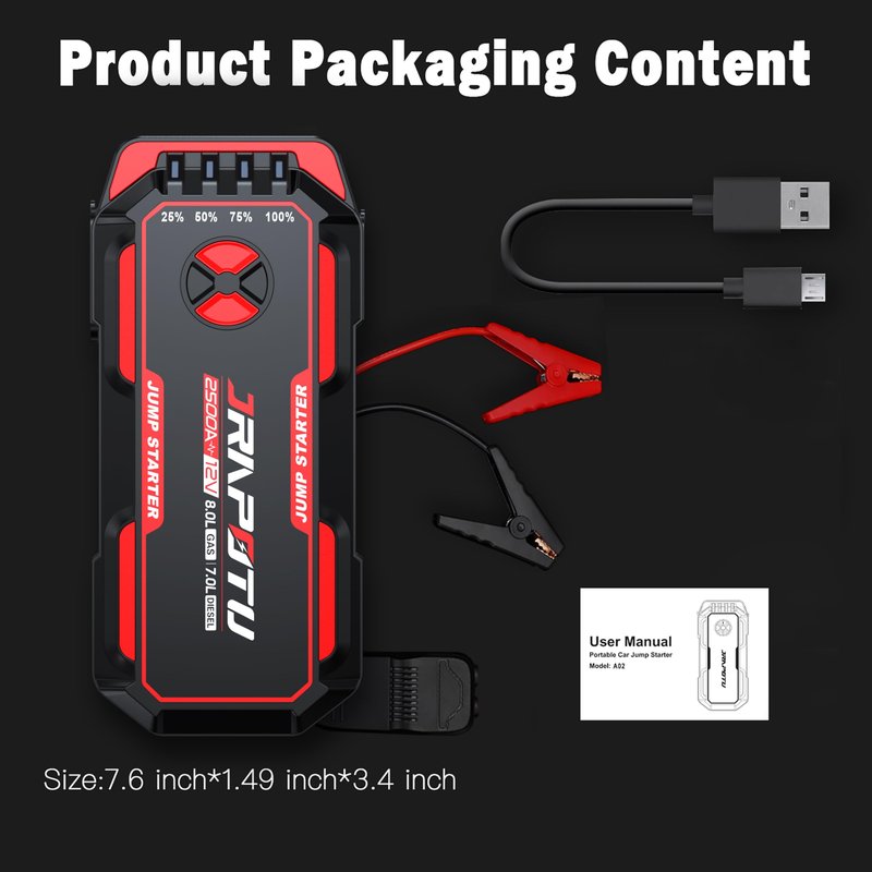 JRAPOTU Car Jump Starter, 2500A Peak Jump Box,Battery Jumper Starter Portable,12V Car Starter Jump Box for 8.0L Gas and 7.0L Diesel Cars with USB Ports,LED Flashlight