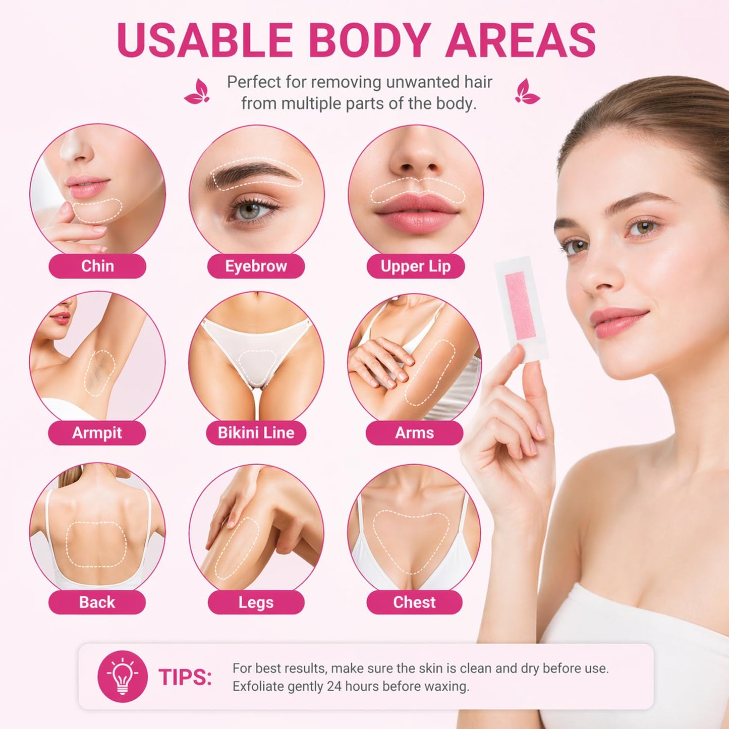 Facial Wax Strips for Women - 48 Pcs Hypoallergenic Hair Removal | Upper Lip & Eyebrow, No-Heat Waxing Kit