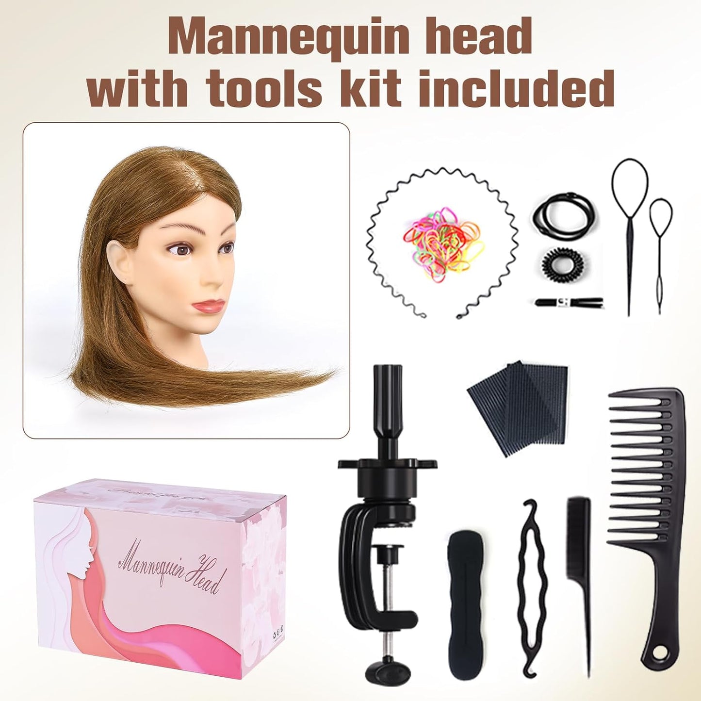Realistic Human Hair Mannequin Head - 22" Light Brown Cosmetology Training Doll with Clamp & Styling Tools