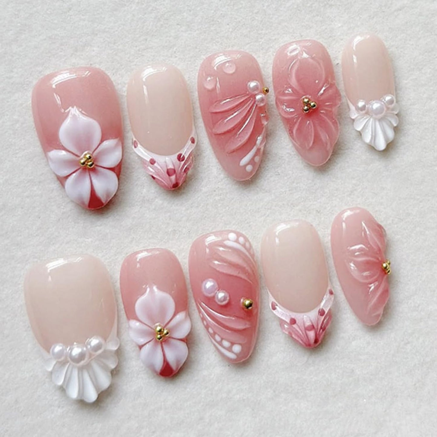 Almond Press On Nails - 30Pcs Medium Fake Nails with 3D Floral Art | Red French Gradient Acrylic for Women