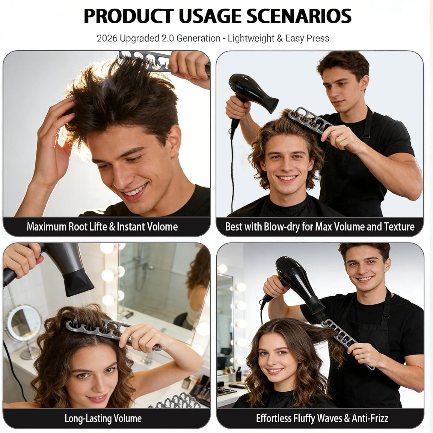 Volumizing Wide-Tooth Hair Styling Comb - Dual-Purpose Anti-Frizz Tool for Curly/Straight Hair | Portable Non-Slip Grip (Grey)