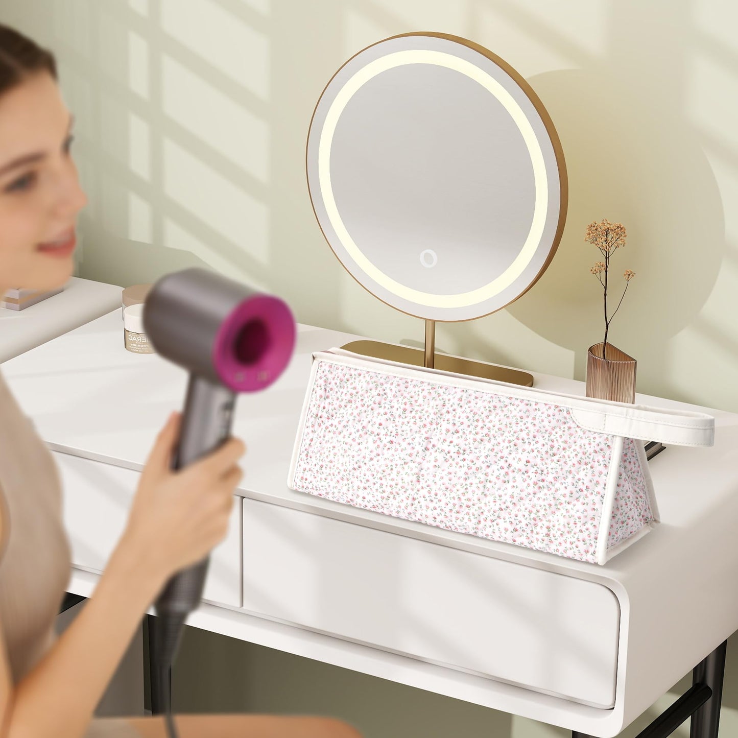Linpr Travel Case Compatible with Dyson Airwrap Styler/Shark Flex Style, Portable Carrying Organizer Case for Hair Tools, Cotton Quilted Hair Dryer Storage Bag (Pink Floral)