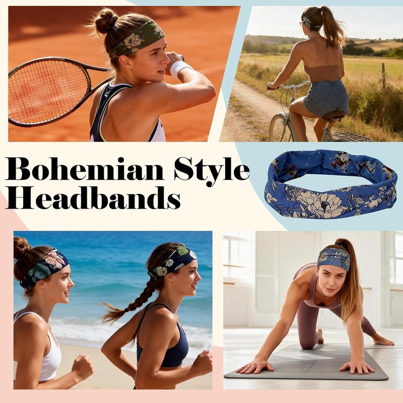 Floral Boho Headbands for Women - 6 Pack Elastic Non-Slip Hairbands | Comfortable Workout & Spa Accessories