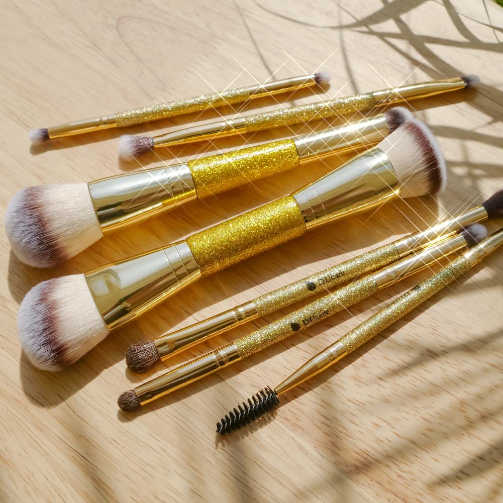 DUcare Dual End Foundation Brush - Professional Contour & Bronzer Tool for Liquid, Cream, & Powder Makeup | Gold Glitter Handle