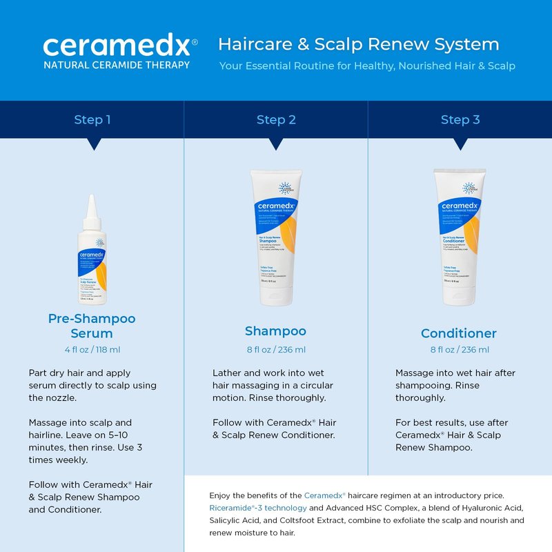 Ceramedx Hair & Scalp Renew Shampoo with Plant-based Riceramide-3 Technology, Deep Moisturizing for Dry Hair and Scalp | Vegan, Cruelty Free, Fragrance Free | 8 oz